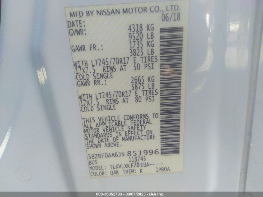 2018 NISSAN NV PASSENGER NV3500 HD SV 5BZBF0AA6JN851996