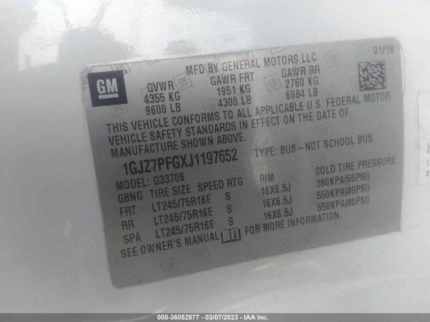 2018 GMC SAVANA PASSENGER LT 1GJZ7PFGXJ1197652