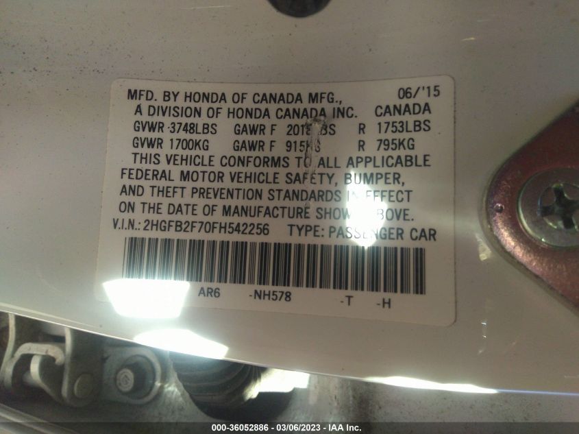 2015 HONDA CIVIC SEDAN SE - 2HGFB2F70FH542256