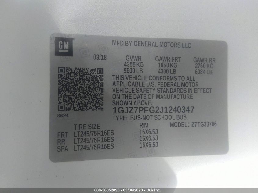 2018 GMC SAVANA PASSENGER LT 1GJZ7PFG2J1240347