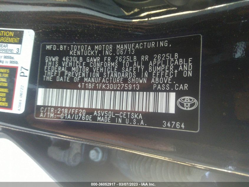 2013 TOYOTA CAMRY L/LE/SE/XLE - 4T1BF1FK3DU275913