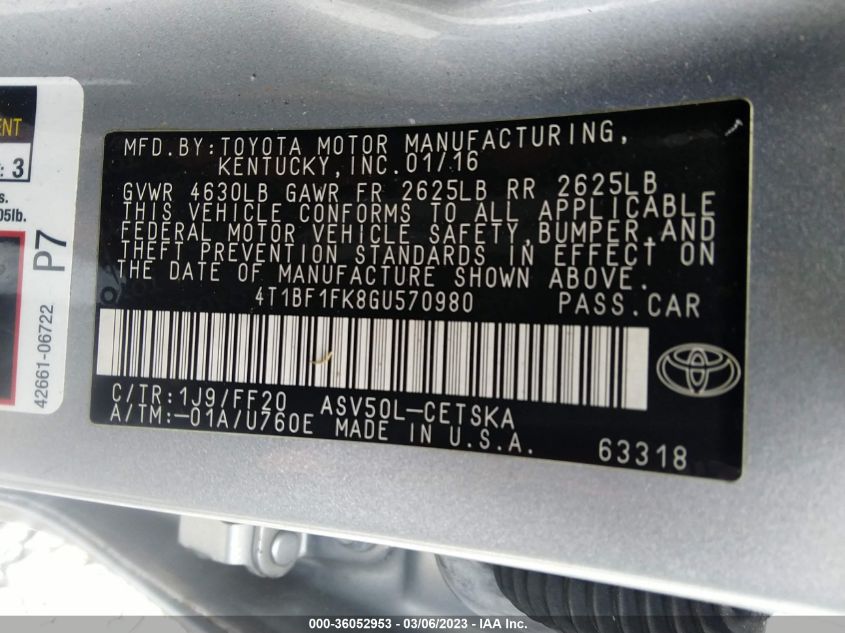 2016 TOYOTA CAMRY XLE/SE/LE/XSE - 4T1BF1FK8GU570980