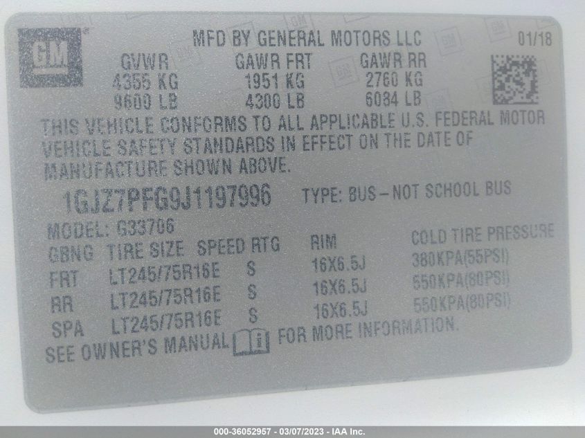 2018 GMC SAVANA PASSENGER LT 1GJZ7PFG9J1197996