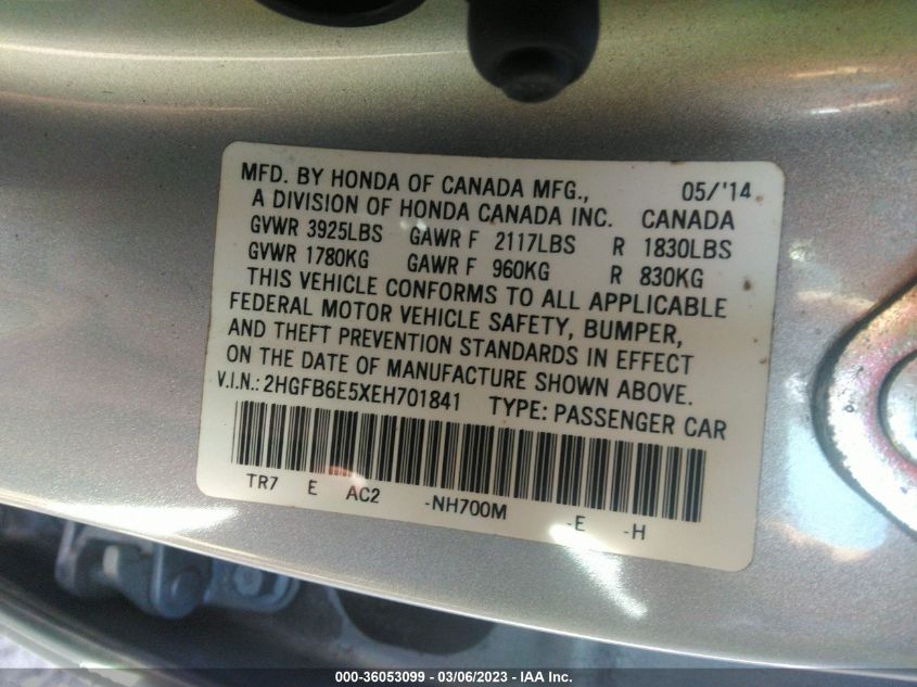 2014 HONDA CIVIC SEDAN SI - 2HGFB6E5XEH701841