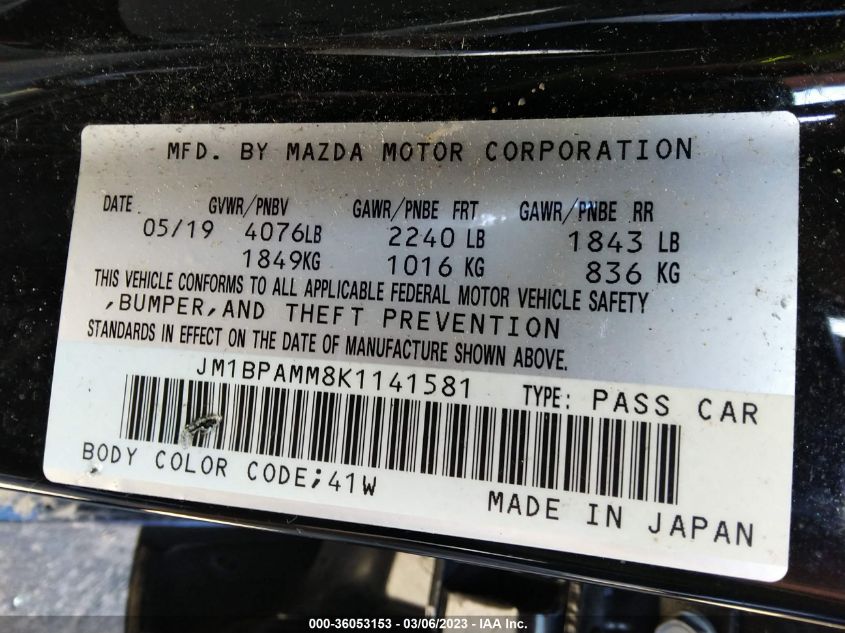 2019 MAZDA MAZDA3 HATCHBACK W/PREFERRED PKG JM1BPAMM8K1141581