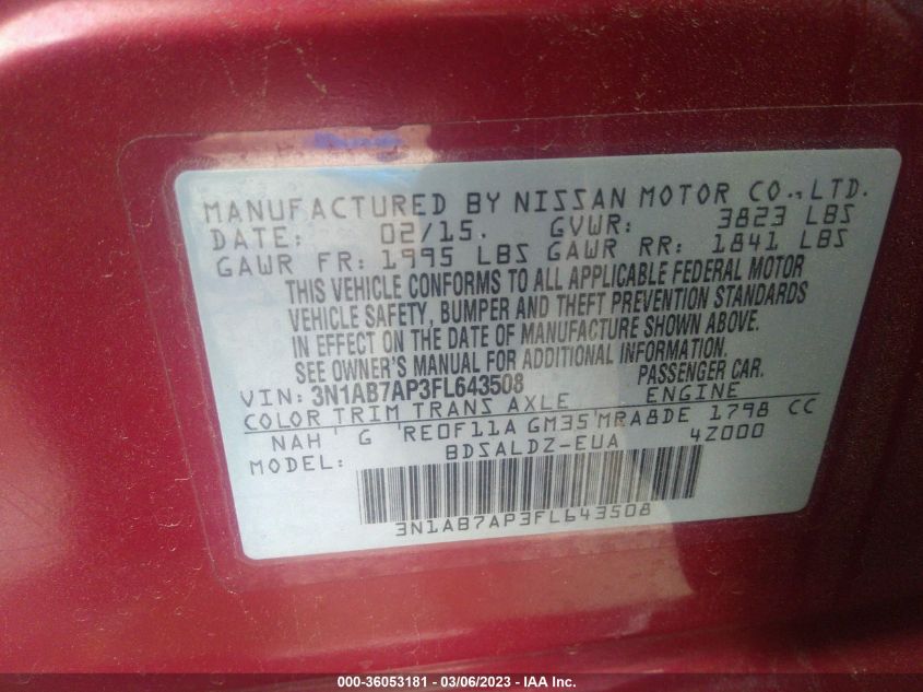 2015 NISSAN SENTRA SV - 3N1AB7AP3FL643508