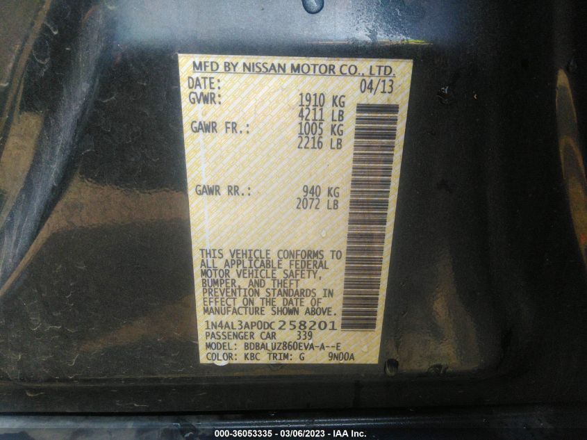 2013 NISSAN ALTIMA 2.5 SV - 1N4AL3AP0DC258201