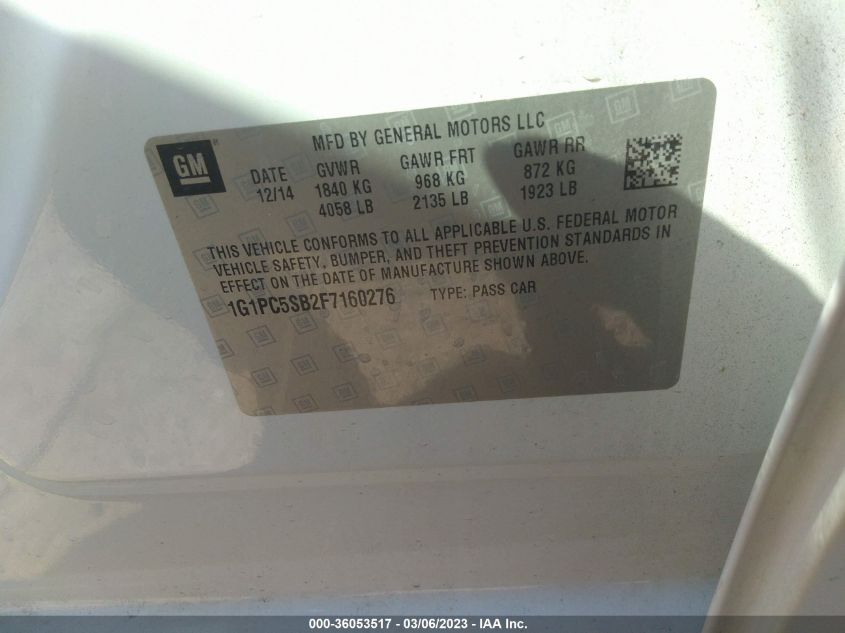 2015 CHEVROLET CRUZE LT - 1G1PC5SB2F7160276