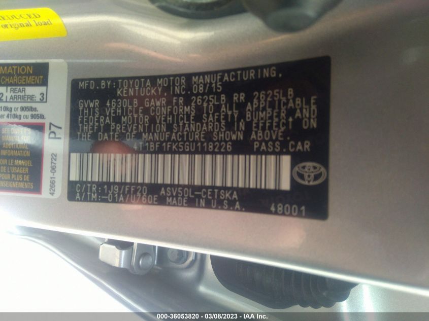 2016 TOYOTA CAMRY XLE/SE/LE/XSE - 4T1BF1FK5GU118226