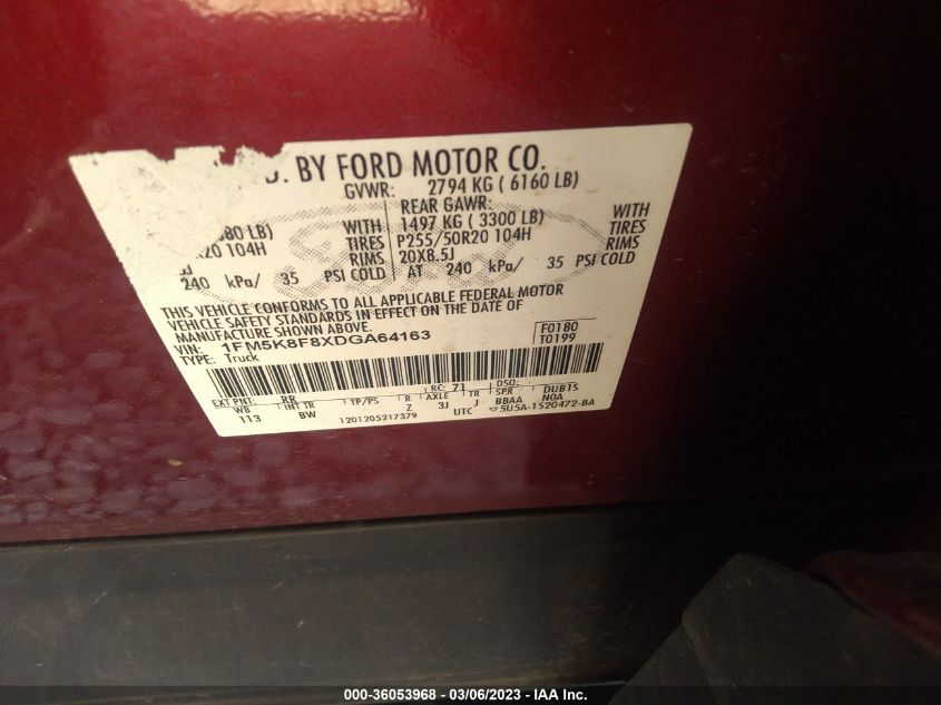2013 FORD EXPLORER LIMITED - 1FM5K8F8XDGA64163