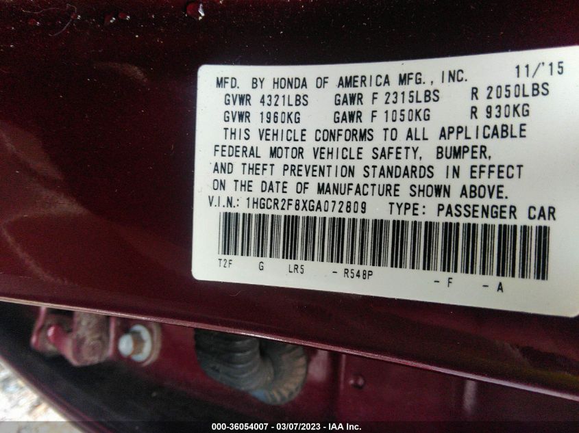 2016 HONDA ACCORD SEDAN EX-L - 1HGCR2F8XGA072809