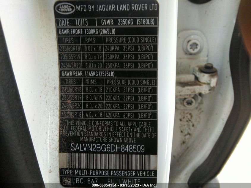 2013 LAND ROVER RANGE ROVER EVOQUE PURE - SALVN2BG6DH848509