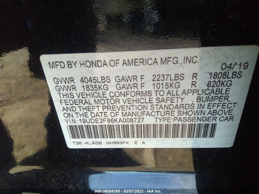2019 ACURA ILX PKG - 19UDE2F86KA008727