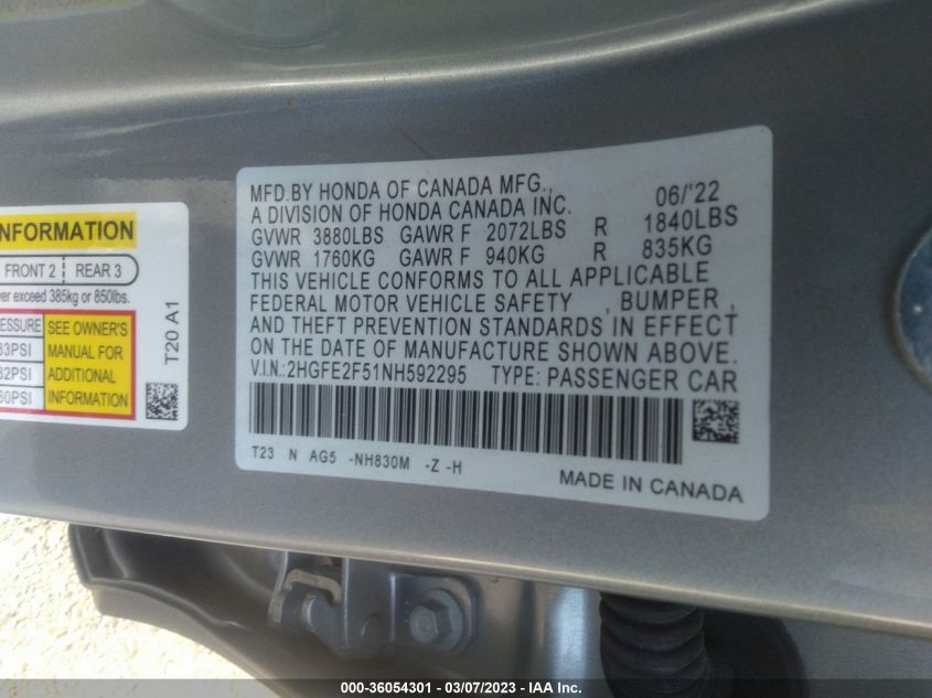 2022 HONDA CIVIC SEDAN SPORT - 2HGFE2F51NH592295