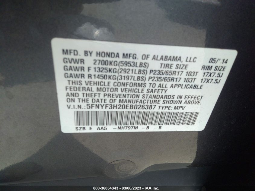 2014 HONDA PILOT LX - 5FNYF3H20EB026387