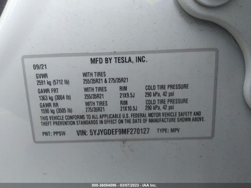 2021 TESLA MODEL Y PERFORMANCE - 5YJYGDEF9MF270127