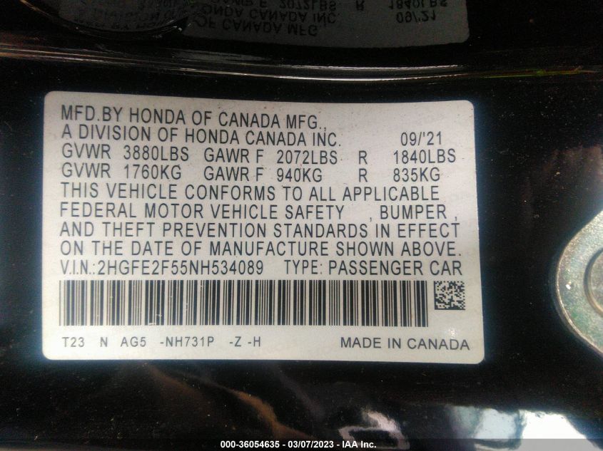 2022 HONDA CIVIC SEDAN SPORT - 2HGFE2F55NH534089