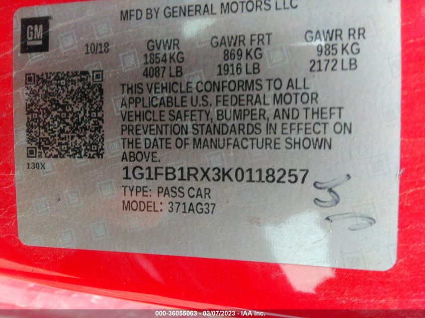 2019 CHEVROLET CAMARO 1LS - 1G1FB1RX3K0118257