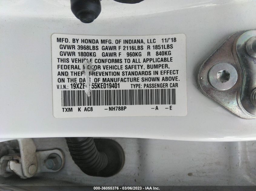 2019 HONDA INSIGHT EX 19XZE4F55KE019401