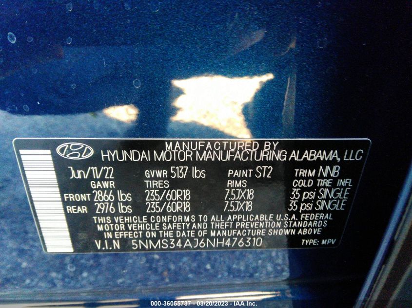 2022 HYUNDAI SANTA FE SEL - 5NMS34AJ6NH476310