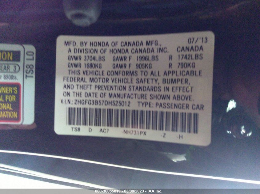 2013 HONDA CIVIC CPE LX 2HGFG3B57DH525012