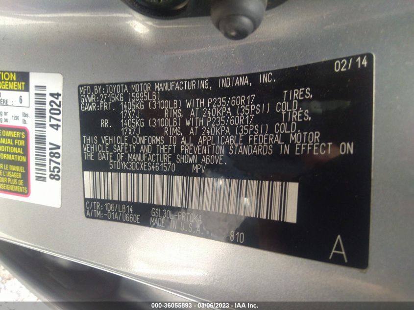2014 TOYOTA SIENNA XLE/XLE AAS/LTD - 5TDYK3DCXES461570