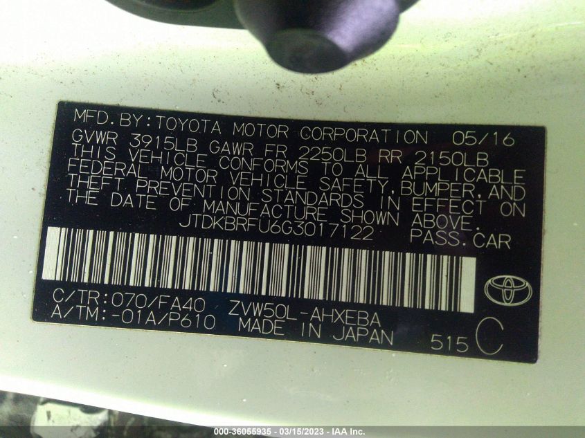 2016 TOYOTA PRIUS TWO - JTDKBRFU6G3017122