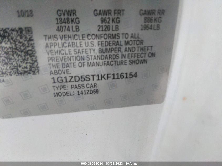 2019 CHEVROLET MALIBU LT - 1G1ZD5ST1KF116154