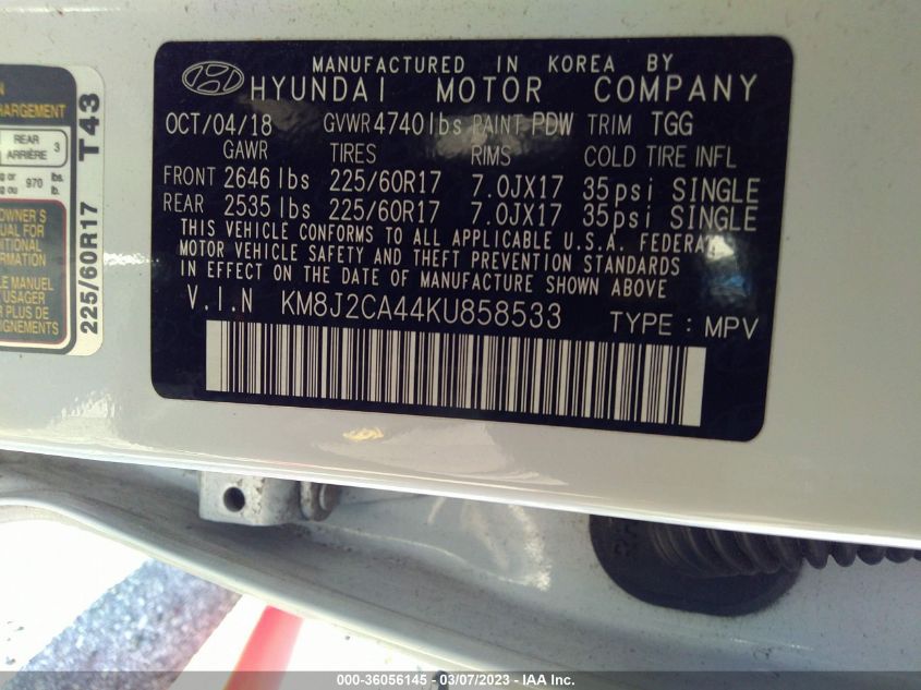 2019 HYUNDAI TUCSON SE - KM8J2CA44KU858533