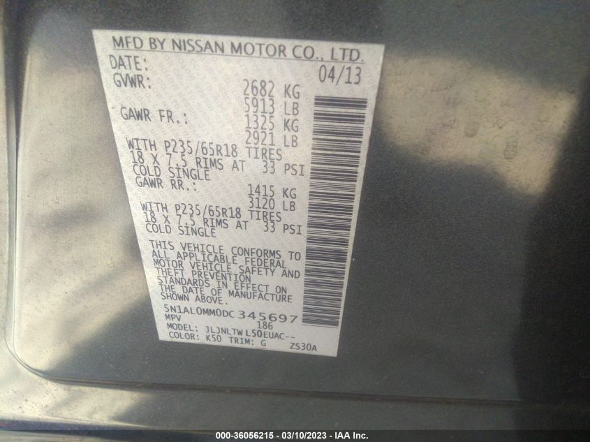 2013 INFINITI JX - 5N1AL0MM0DC345697