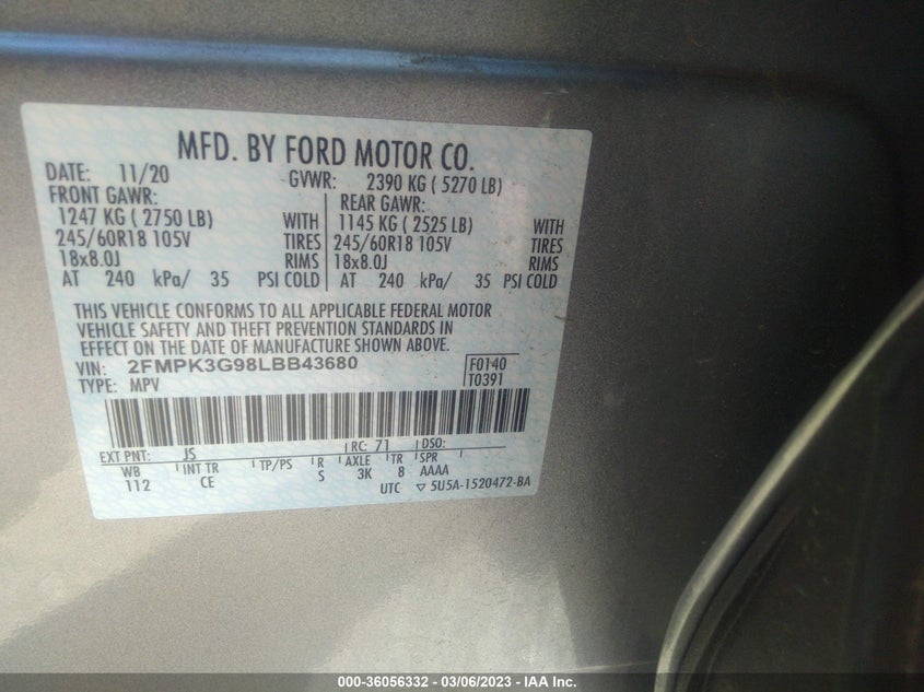 VIN 2FMPK3G98LBB43680 2020 FORD EDGE SE