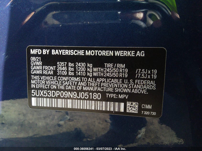 Auction sale of the 2022 BMW X3 , vin: 5UX53DP09N9J05180, lot number: 36056341