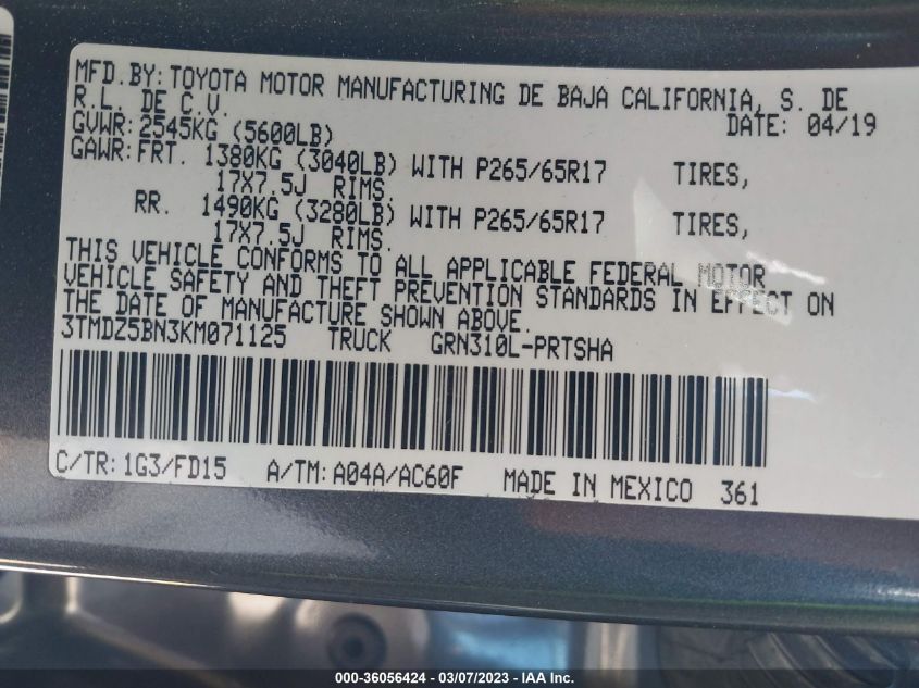 2019 TOYOTA TACOMA 4WD SR5/TRD SPORT - 3TMDZ5BN3KM071125