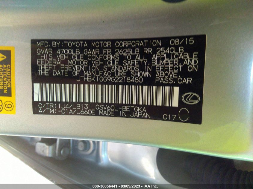 2016 LEXUS ES 350 - JTHBK1GG9G2218480