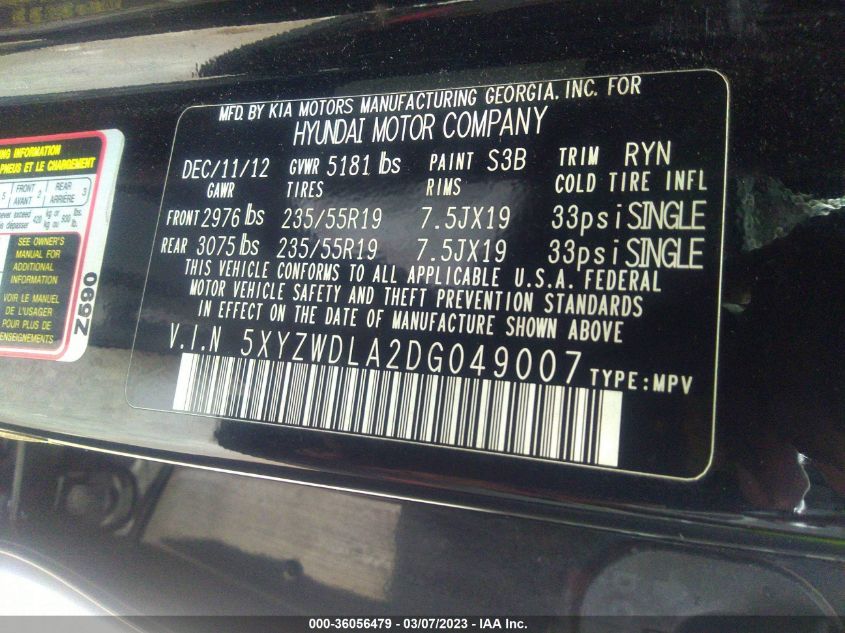 2013 HYUNDAI SANTA FE 2.0T SPORT - 5XYZWDLA2DG049007
