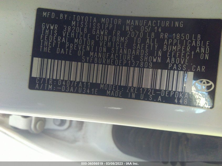 2014 TOYOTA COROLLA L/LE/S/S PLUS/LE PLUS - 5YFBURHE0EP137809