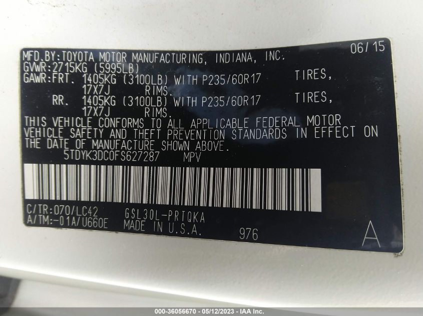2015 TOYOTA SIENNA XLE/XLE AAS/LTD - 5TDYK3DC0FS627287