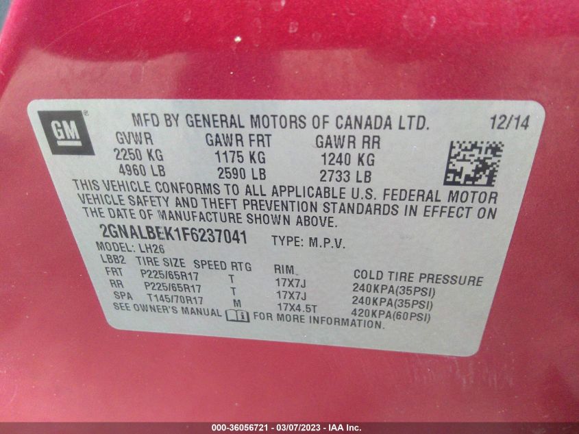 2015 CHEVROLET EQUINOX LT - 2GNALBEK1F6237041
