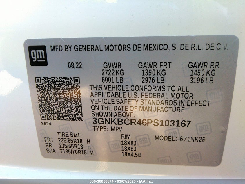 VIN 3GNKBCR46PS103167 2023 CHEVROLET BLAZER LT