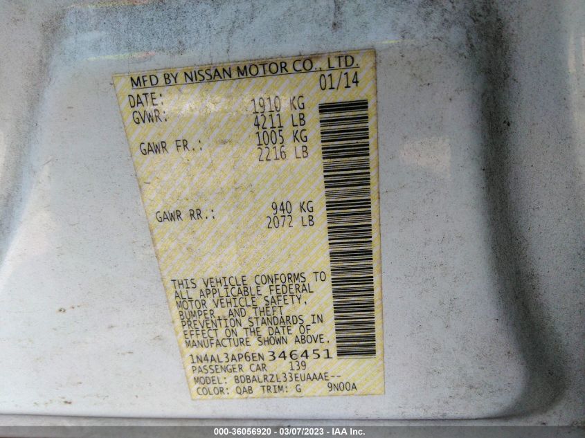 2014 NISSAN ALTIMA 2.5 S - 1N4AL3AP6EN346451