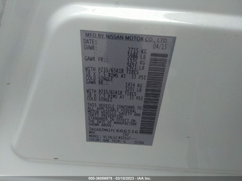 2015 NISSAN PATHFINDER SL - 5N1AR2MN1FC666556
