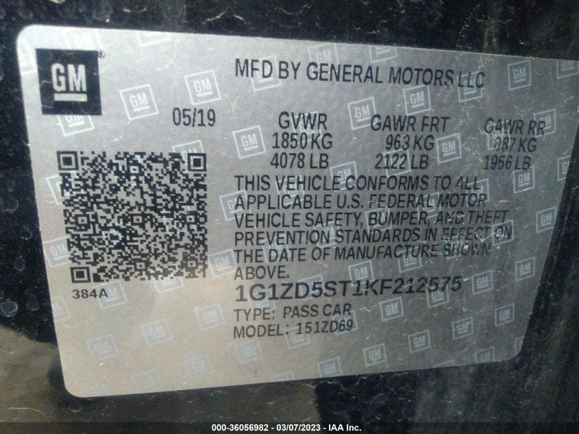 2019 CHEVROLET MALIBU LT - 1G1ZD5ST1KF212575