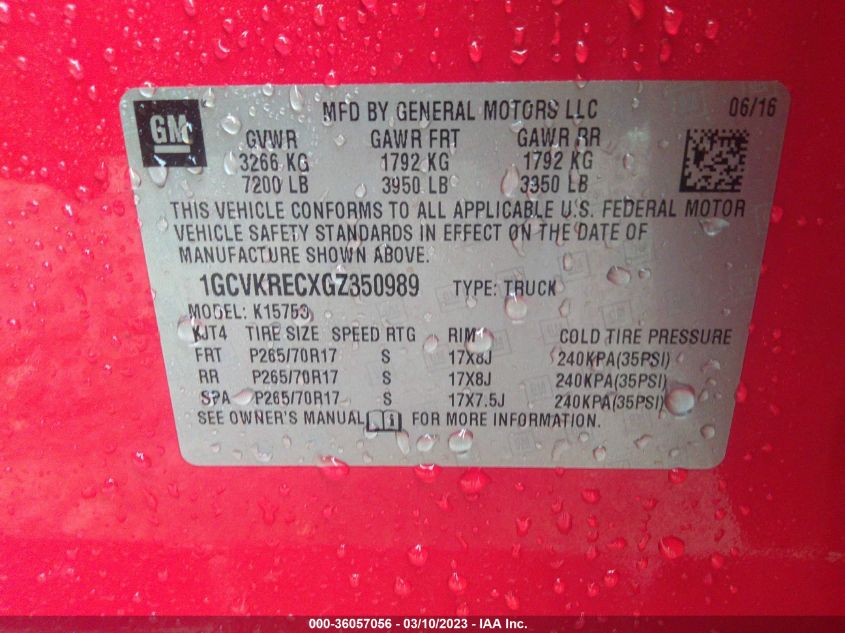 2016 CHEVROLET SILVERADO 1500 LT - 1GCVKRECXGZ350989