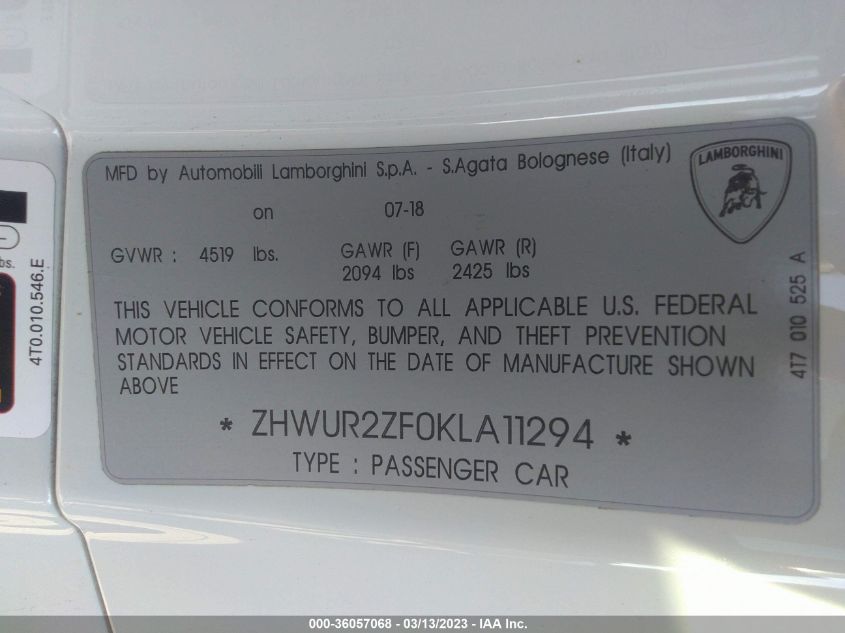 2019 LAMBORGHINI HURACAN ZHWUR2ZF0KLA11294
