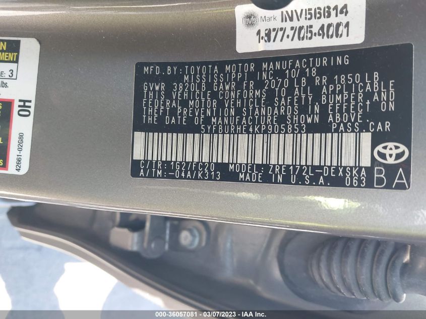 2019 TOYOTA COROLLA L/LE/SE/XLE/XSE - 5YFBURHE4KP905853