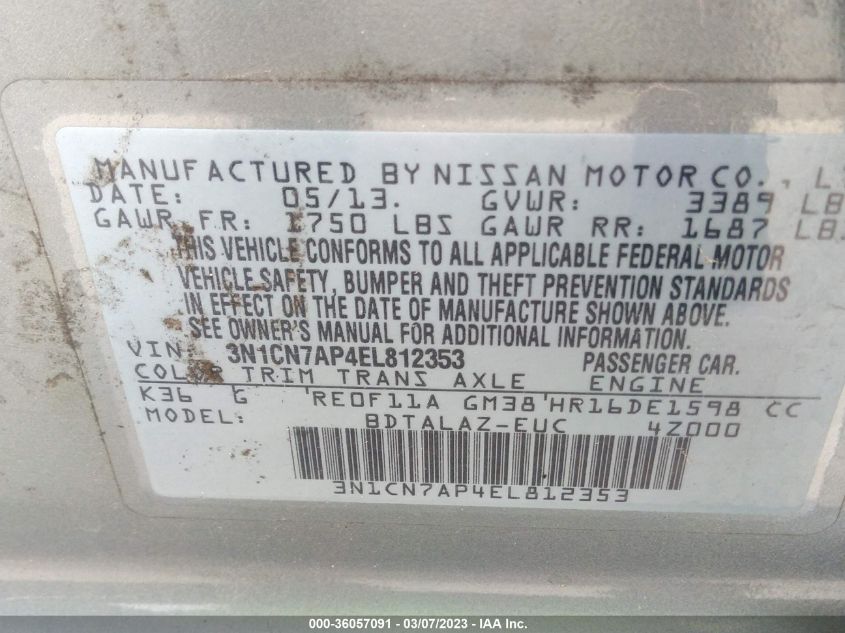 2014 NISSAN VERSA S PLUS - 3N1CN7AP4EL812353