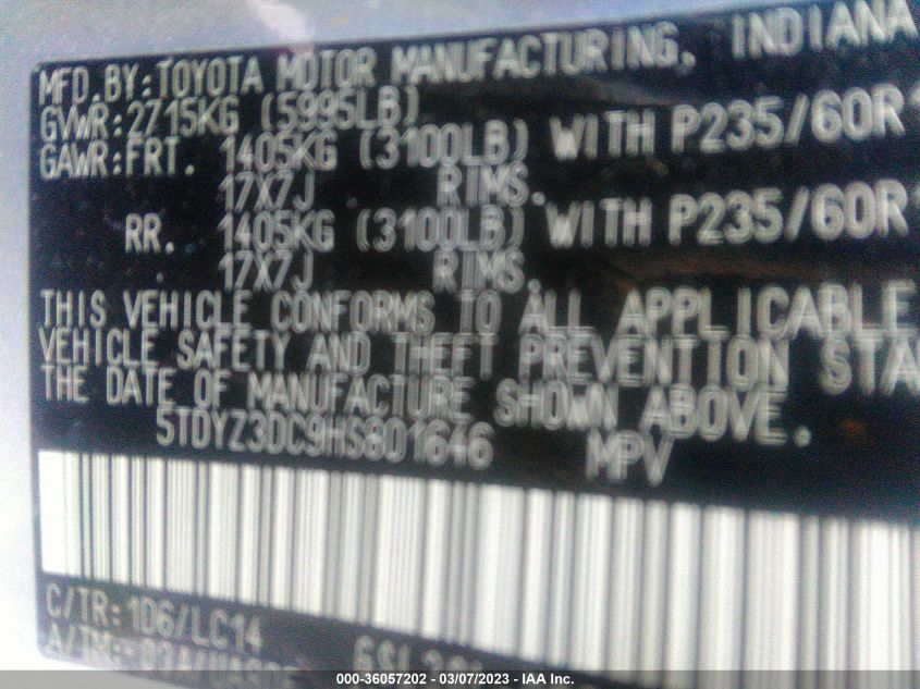 2017 TOYOTA SIENNA XLE AUTO ACCESS - 5TDYZ3DC9HS801646
