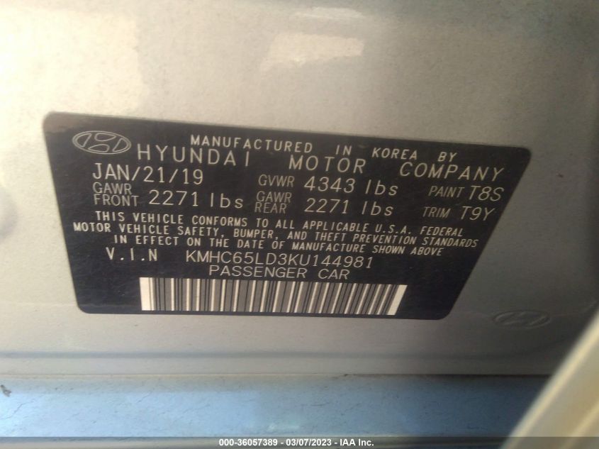 2019 HYUNDAI IONIQ PLUG-IN HYBRID - KMHC65LD3KU144981