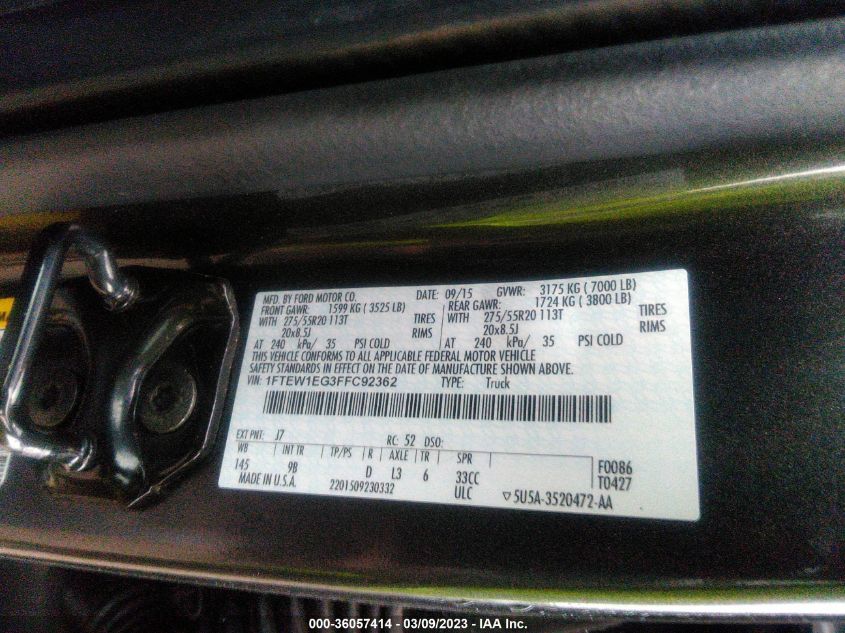 2015 FORD F-150 XLT/XL/LARIAT/PLATINUM - 1FTEW1EG3FFC92362