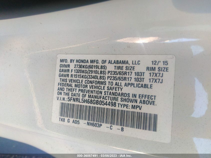 2016 HONDA ODYSSEY EX-L - 5FNRL5H68GB054498